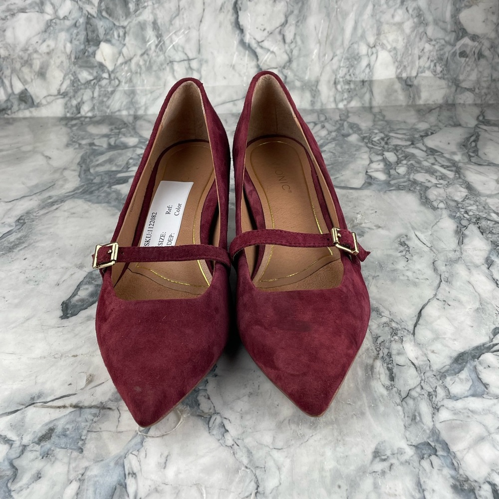 Vionic- Kit Minnie- Kitten Heel Suede Mary Jane Heels- Wine- Size 7.5 - Picture 3 of 13